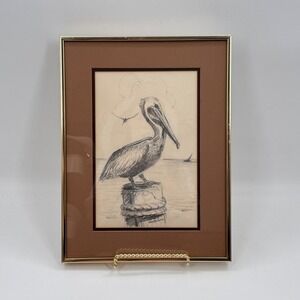Vintage Original Signed Jon Houglum Coastal Pelican Pencil Drawing 16x12